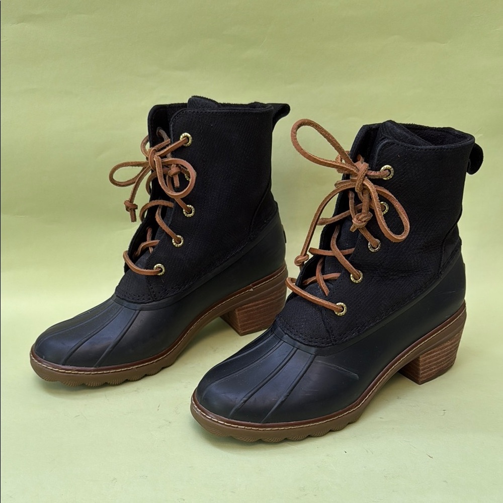 Sperry Black and Brown Winter Rain Boots with Chunky Heels
